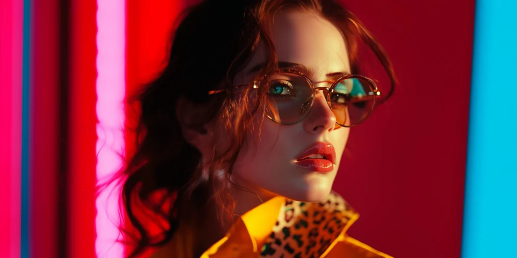 Editorial-Porträt mit Brille in Neonlicht